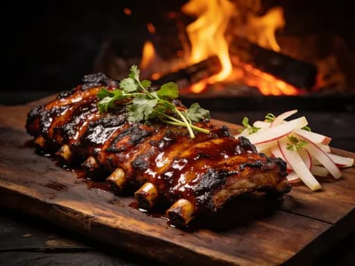 Wood fire grill with flames behind hand-laid tile