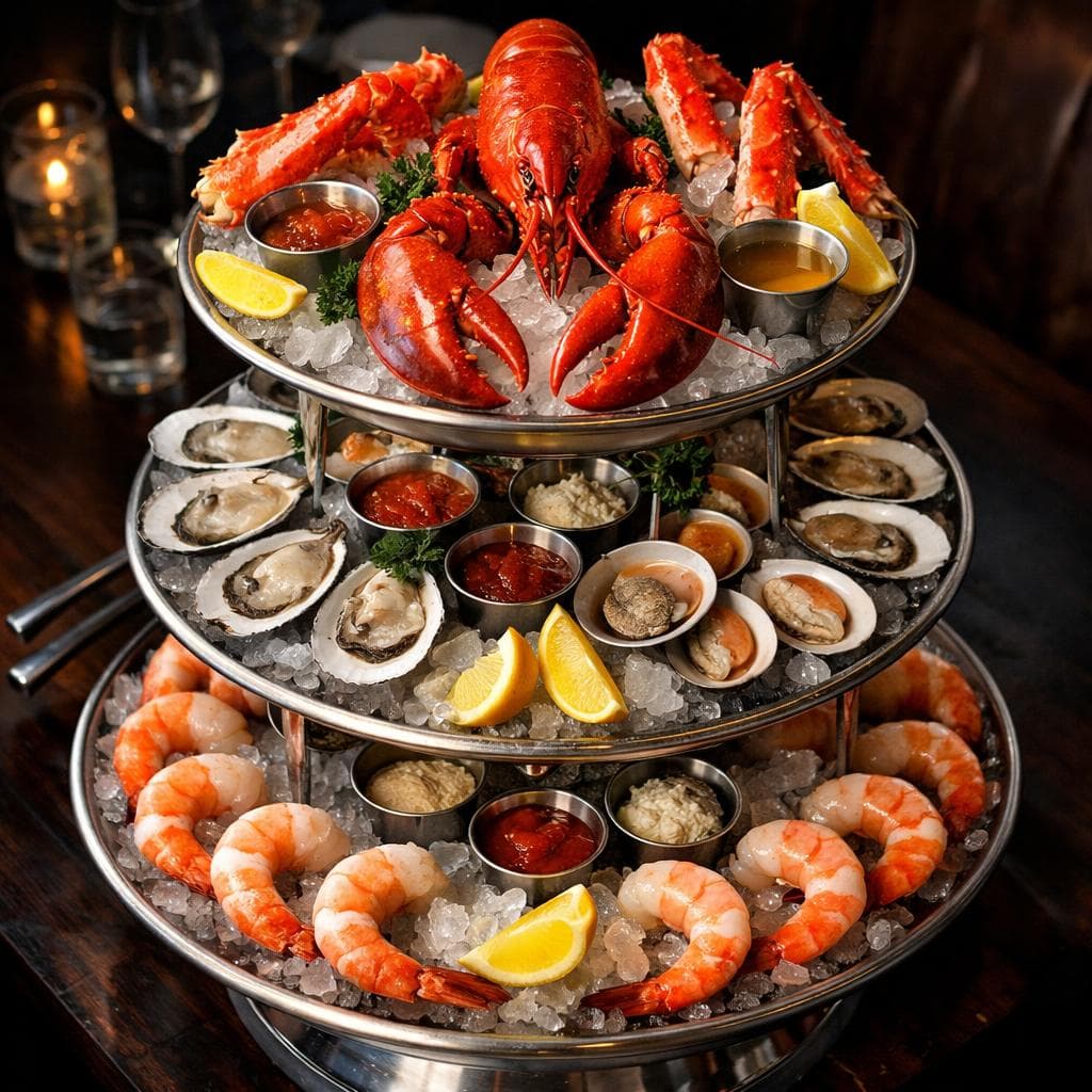 Raw bar tower with oysters, crab, and crudo