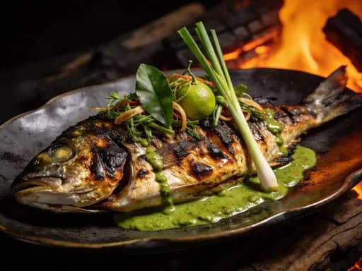 Whole bronzino roasted over wood fire