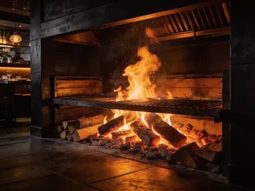 Wood fire grill with flames behind hand-laid tile