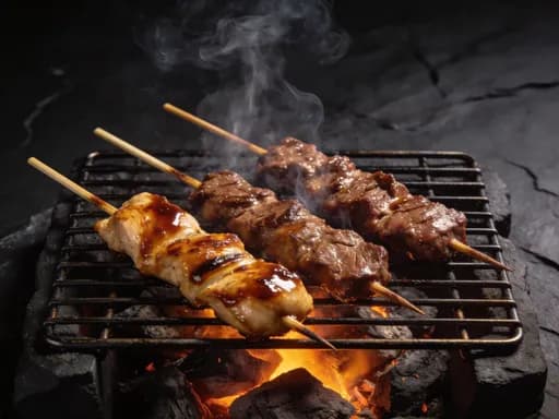 Yakitori skewers grilled over binchotan charcoal